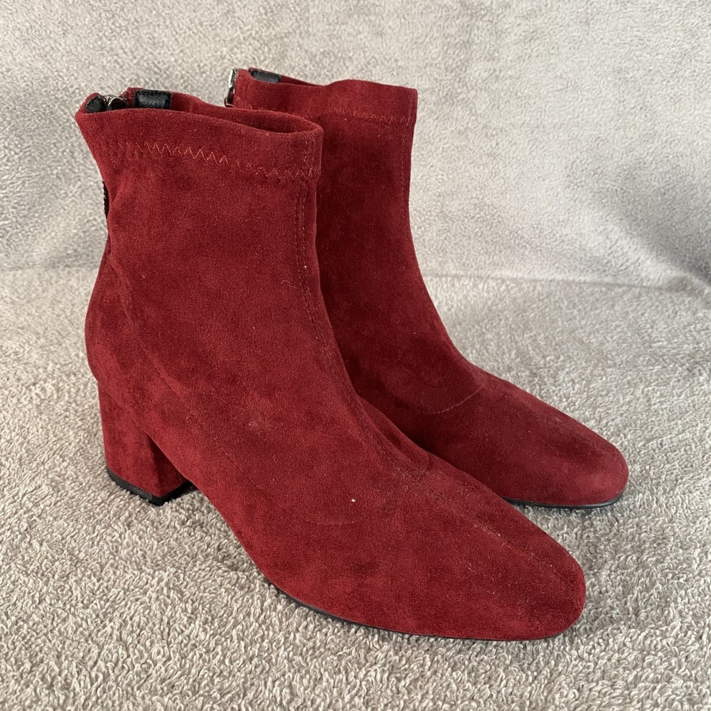 C Paravano Womens Burgundy Faux Suede Ankle Boots 7 Block Heel 90s Minimalist